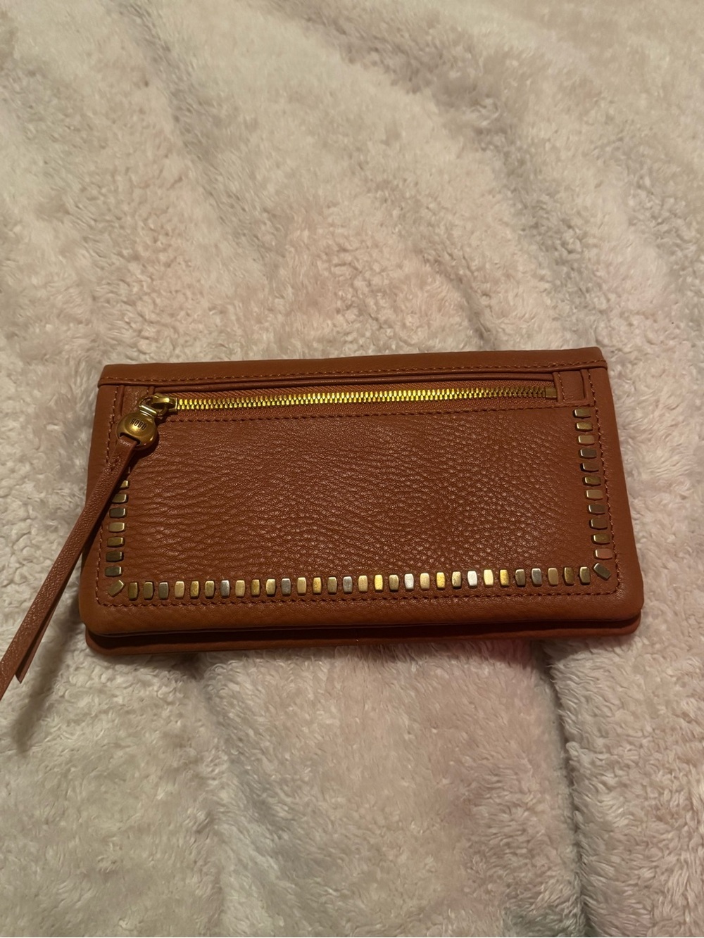 Leather Wristlet Wallet in Tan with Gold Stud Trim